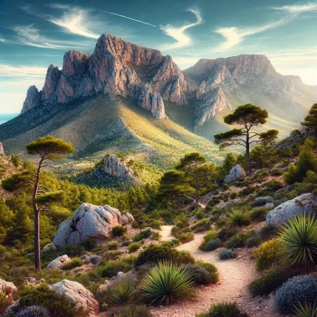 Uitzicht op de Sierra de Bernia met een kronkelend wandelpad, omringd door groene vegetatie en rotsachtige bergtoppen onder een heldere blauwe hemel in Costa Blanca, Spanje.