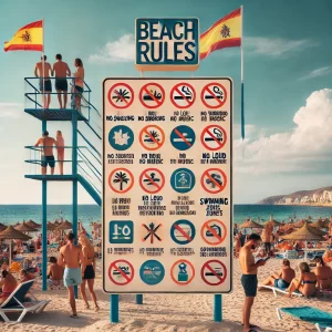 Bord met strandregels in Spanje, met de zee op de achtergrond. Alle regels stranden van Spanje