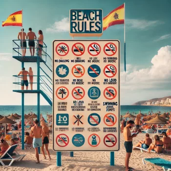 Bord met strandregels in Spanje, met de zee op de achtergrond. Alle regels stranden van Spanje