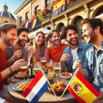 Nederlanders en Spanjaarden aan een tafel op een terras, lachend en genietend van heerlijk eten en drinken.