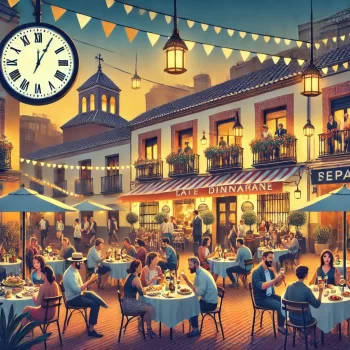 Avondeten in Spanje: Mensen eten laat in een gezellig Spaans restaurant onder sfeerverlichting om 10 uur 's avonds, met tapas en wijn, typerend voor de Spaanse eetcultuur