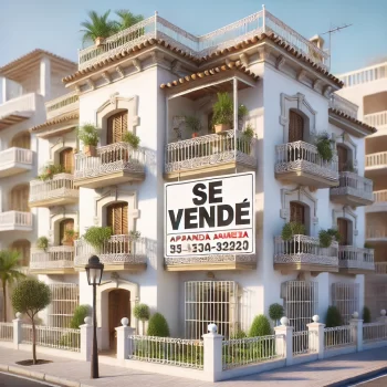 Se Vende bordje op een balkon van een mediterraan appartement in Spanje, met witte muren, ijzeren relingen, en zonnige omgeving. Het bord geeft aan dat het appartement te koop staat