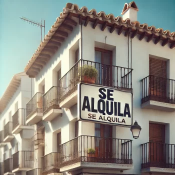 Se Alquila bordje op een balkon van een mediterraan appartement in Spanje, met witte muren en ijzeren relingen, onder een zonnige blauwe lucht. Het bord geeft aan dat het appartement te huur staat