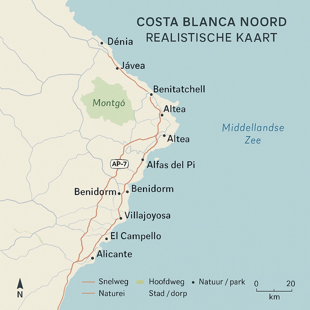 Realistische kaart van de Costa Blanca Noord met steden zoals Dénia, Jávea, Altea, Benidorm en Alicante, inclusief snelwegen en natuurgebieden
