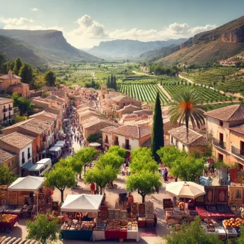 Afbeelding van de Jalon Vallei in Costa Blanca, Spanje, met glooiende heuvels bedekt met wijngaarden en amandelbomen. Traditionele Spaanse huizen met terracotta daken zijn zichtbaar, terwijl op de voorgrond een drukke zaterdagmarkt plaatsvindt met kraampjes die antiek, lokale producten en handgemaakte goederen verkopen. De scène wordt omgeven door weelderige groene natuur en bergen onder een heldere, zonnige hemel