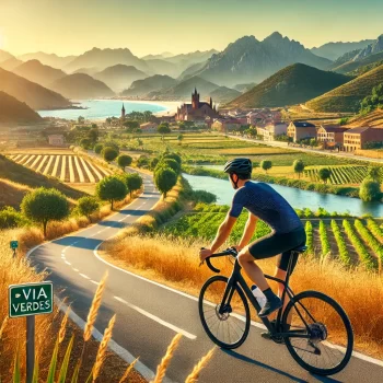 Een schilderachtig uitzicht op een divers Spaans landschap met een fietser op een goed onderhouden fietspad. Op de achtergrond zijn glooiende heuvels, bergen en een pittoreske kustlijn te zien, wat de variëteit aan terreinen in Spanje benadrukt. De fietser draagt een helm en fietskleding en rijdt op een moderne racefiets. Er zijn borden voor 'Via Verdes' (Groene Wegen) paden zichtbaar, en in de verte staat een charmant Spaans dorpje met traditionele architectuur. De zon schijnt fel, wat een warme en uitnodigende sfeer creëert, perfect voor fietsen in Spanje