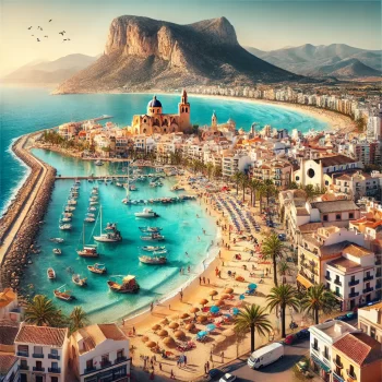 Een panoramisch uitzicht op Javea, een schilderachtig stadje aan de Costa Blanca in Spanje. Op de achtergrond torent de Montgó-berg uit, terwijl de sprankelende Middellandse Zee de kustlijn omringt. Het Arenal-strand met zijn gouden zand en strandgasten is duidelijk zichtbaar, evenals de charmante oude stad met witgekalkte gebouwen, smalle straatjes, en de San Bartolomé-kerk. De afbeelding toont ook vissersboten in de levendige haven en de iconische huizen met blauwe koepeldaken. Het geheel wordt verlicht door een zonnige, levendige sfeer die de natuurlijke schoonheid en culturele rijkdom van Jávea/Xàbia benadrukt