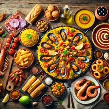 Een kleurrijke en gevarieerde selectie van traditionele Spaanse gerechten op een rustieke houten tafel. De afbeelding toont een grote paella met zeevruchten en saffraanrijst, een dikke Spaanse tortilla (omelet met aardappelen), plakjes Jamón Ibérico (Spaanse ham), een kom gazpacho, diverse tapas zoals patatas bravas, gambas al ajillo (garnalen in knoflook), en chorizo. Er zijn ook churros met een potje warme chocoladesaus, calamares (gefrituurde inktvisringen), en pulpo a la gallega (Galicische octopus). De tafel is verder versierd met kleine schaaltjes olijven, broodplakjes en olijfolie, wat een warme mediterrane sfeer creëert. Dit word het meest gegeten in Spanje
