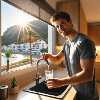 Deze afbeelding toont een man die in een moderne Spaanse keuken water inschenkt uit de kraan in een glas. De keuken heeft lichte, strakke elementen en de kraan is een centraal punt. De foto benadrukt de dagelijkse gewoonte van het drinken van kraanwater in Spanje, wat veilig is volgens Europese normen. Het natuurlijke licht dat de ruimte binnenkomt, draagt bij aan de rustgevende en frisse sfeer in de keuken. Maar is water uit de kraan in Spanje veilig?