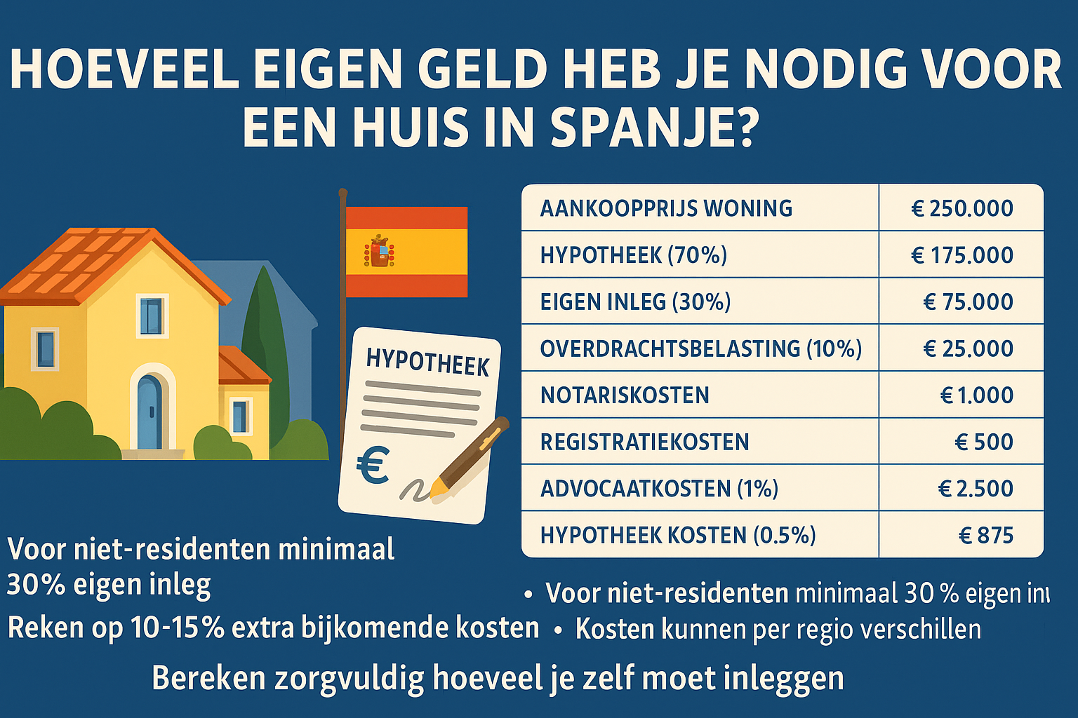 Infographic met overzicht van eigen inleg en bijkomende kosten bij het kopen van een huis in Spanje, inclusief voorbeeldberekening voor een woning van €250.000.
