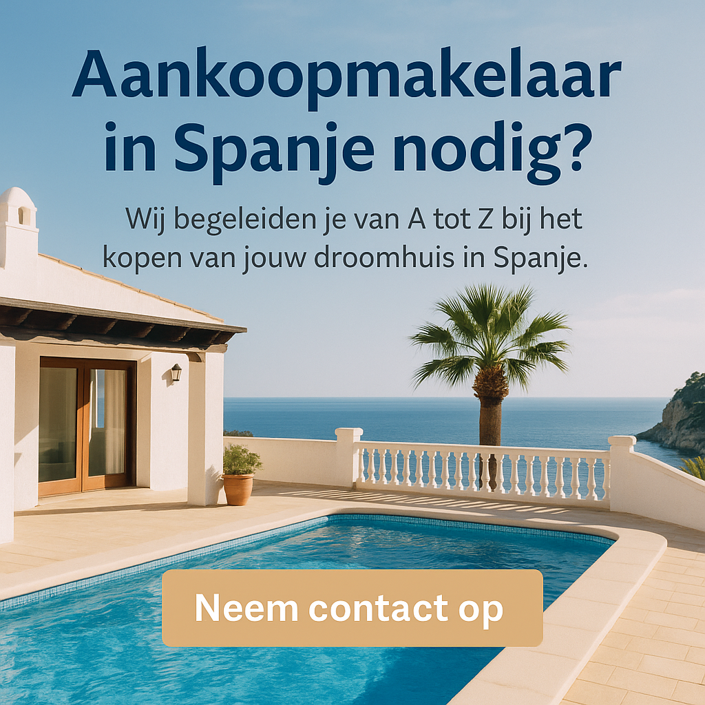 Afbeelding met Spaanse villa en zwembad met de tekst: Aankoopmakelaar in Spanje nodig? Wij begeleiden je van A tot Z bij het kopen van jouw droomhuis in Spanje. Neem contact op.