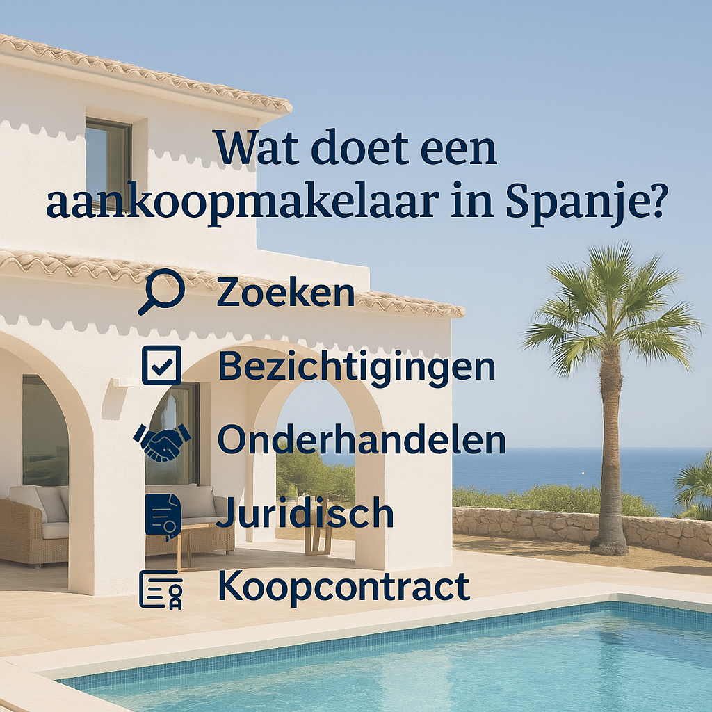 Afbeelding met Spaanse villa en zwembad met iconen en tekst: Zoeken, Bezichtigingen, Onderhandelen, Juridisch en Koopcontract – de taken van een aankoopmakelaar in Spanje.