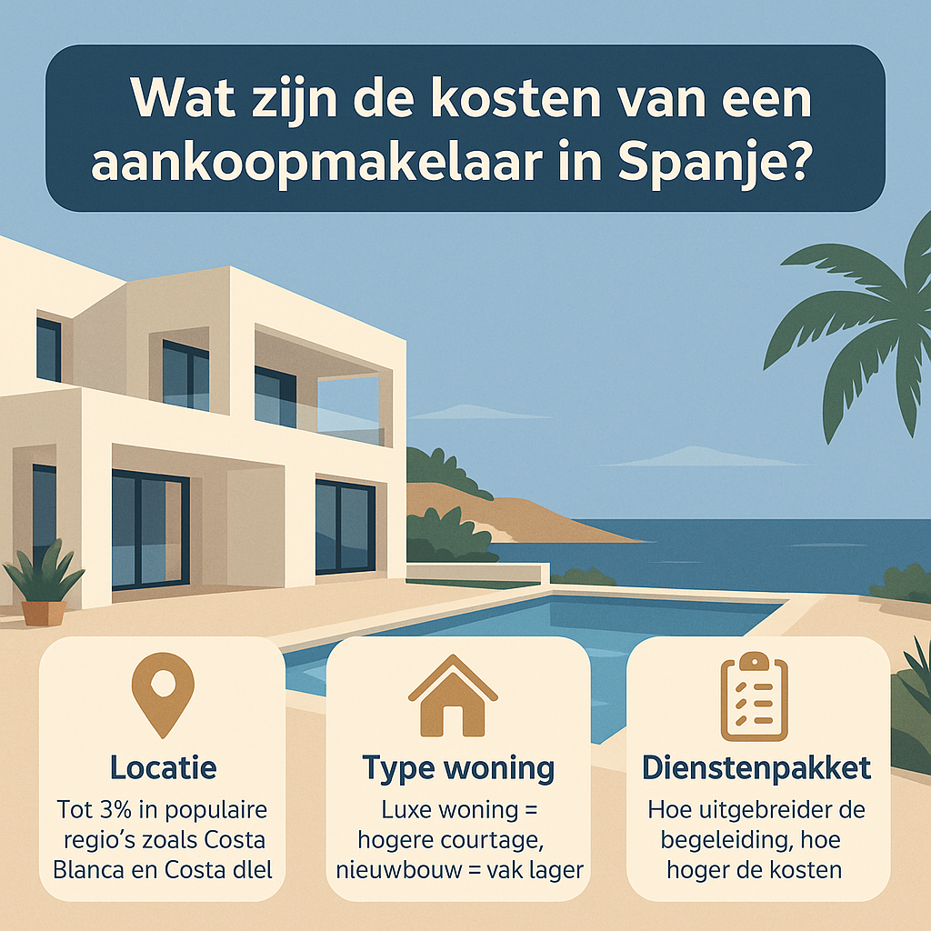 Infographic met Spaanse villa en zwembad die uitlegt dat de kosten van een aankoopmakelaar in Spanje afhankelijk zijn van locatie, type woning en dienstenpakket.