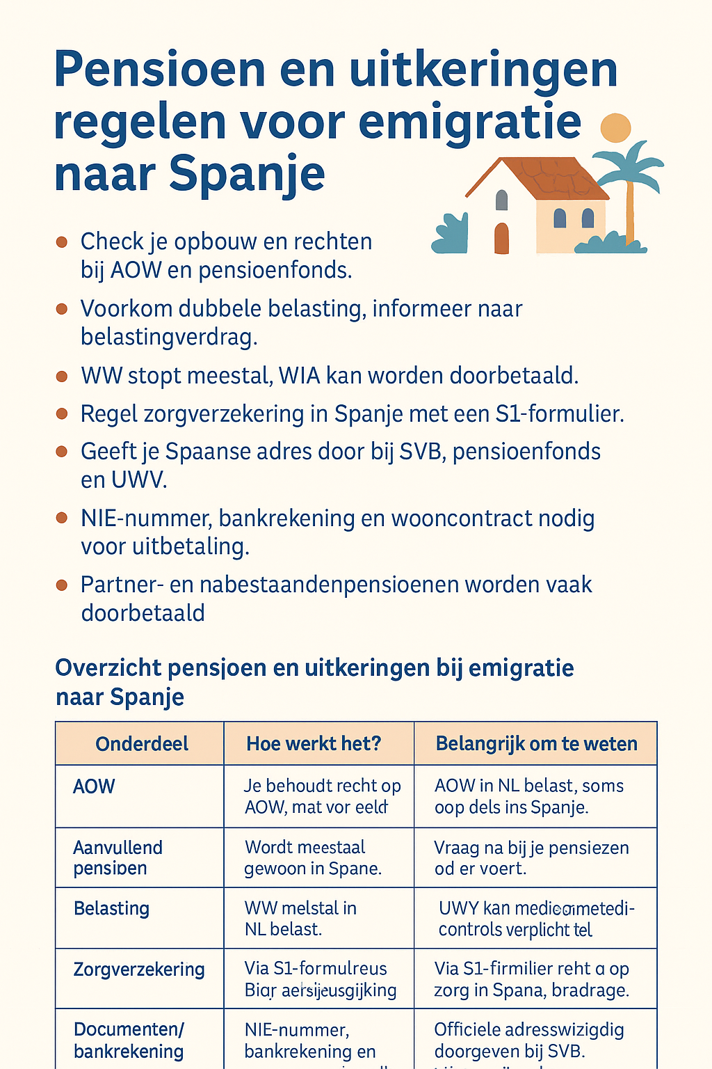 Informatieve infographic met overzicht van AOW, aanvullend pensioen, belasting, zorgverzekering en uitkeringen bij emigratie naar Spanje, inclusief tips en tabel.