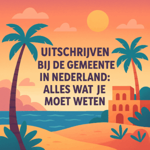 Vierkante thumbnail in Ibiza-stijl met lichte mediterrane kleuren en moderne typografie, voor artikel over uitschrijven bij de gemeente in Nederland.
