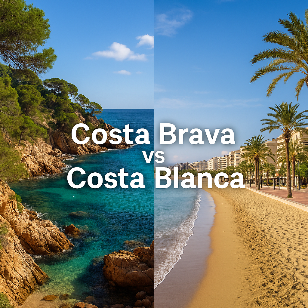 Vergelijking tussen de Costa Brava en de Costa Blanca met links de ruige rotskust en rechts de brede zandstranden met palmbomen.
