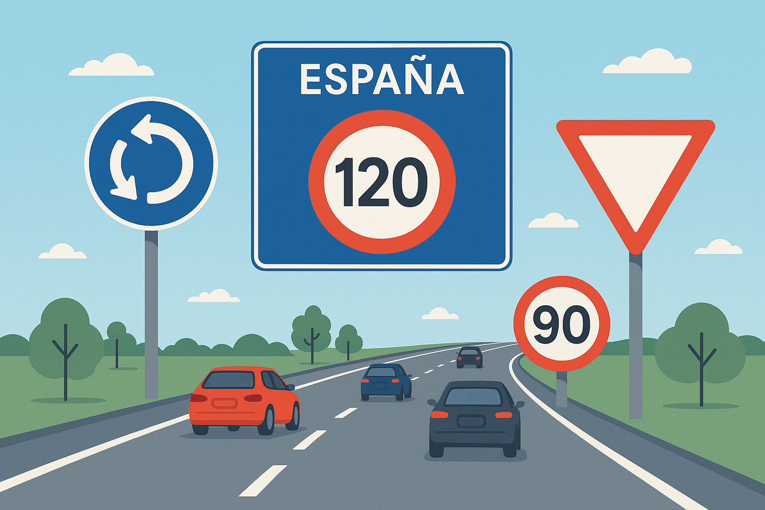 Illustratie van Spaanse snelweg met auto’s en verkeersborden zoals maximumsnelheid en rotonde