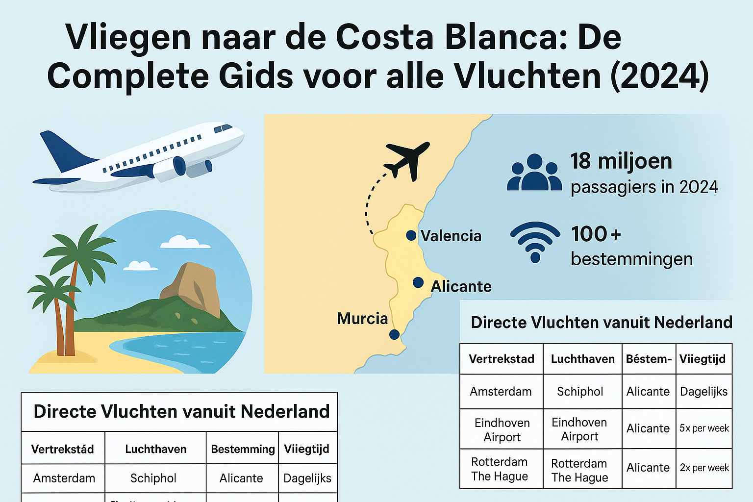 Informatieve infographic over vluchten naar de Costa Blanca met luchthavens Alicante, Valencia en Murcia, inclusief directe verbindingen vanuit Nederland
