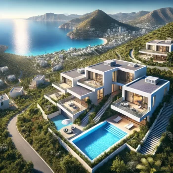 Luchtfoto van Altea Hills met moderne villa's, zwembaden en uitzicht op de Middellandse Zee.