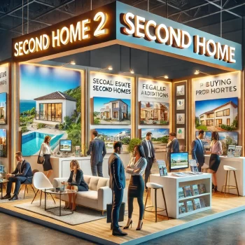 Een levendige second home beurs met een moderne stand, bezoekers die brochures bekijken en informatie over tweede woningen in populaire vakantiebestemmingen.
