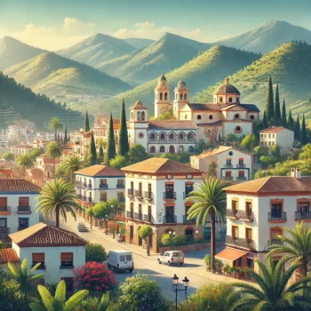 Een schilderachtig uitzicht op Pego in de Costa Blanca, omringd door groene bergen en traditionele Spaanse huizen met terracotta daken.