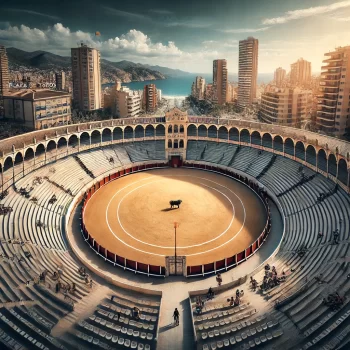 De Plaza de Toros in Benidorm, een traditionele Spaanse stierenvechtarena met witte muren, rijen zitplaatsen en een centrale zandring, met de stad Benidorm op de achtergrond.