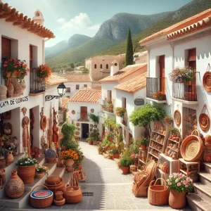 Een charmant beeld van Gata de Gorgos in de Costa Blanca, met witte huizen met terracotta daken, ambachtelijke winkels, en de Montgó-berg op de achtergrond.