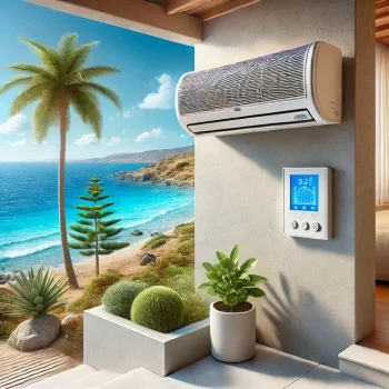 Een moderne airconditioningunit geïnstalleerd aan de muur van een huis aan zee, met uitzicht op de oceaan, palmbomen en een heldere, zonnige lucht op de achtergrond. Maar is een airco aan zee verstandig?