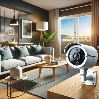 Moderne beveiligingscamera's geïnstalleerd in een verhuur-appartement, met zicht op een stijlvolle en eigentijdse woonkamer met een zonnig uitzicht.