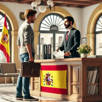 Een huiseigenaar ontvangt de Permiso de Ocupación in een Spaans gemeentehuis, met een ambtenaar aan een houten bureau en Spaanse architectuur op de achtergrond.
