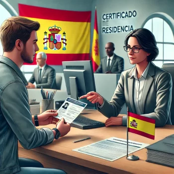 Een persoon die het Certificado de Residencia aanvraagt in een Spaans overheidskantoor, met een ambtenaar die helpt en officiële papieren op een bureau.