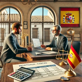 Een persoon in gesprek met een bankmedewerker over hypotheek- en bankkosten in een Spaans bankkantoor, met financiële documenten, een laptop en typische Spaanse decoratie op de achtergrond.