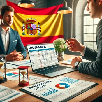 Een persoon in gesprek met een verzekeringsagent over verschillende verzekeringsopties en verzekeringskosten in Spanje, met documenten, een laptop met grafieken, en een Spaanse vlag op de achtergrond.