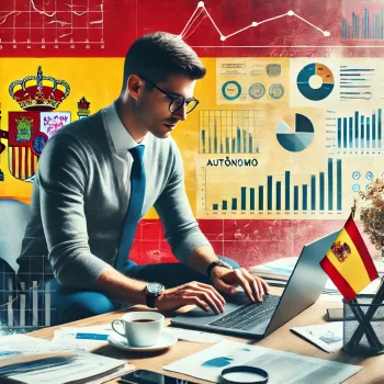 Een persoon werkt als autónomo (zelfstandige) in Spanje, zittend aan een bureau met een laptop, documenten, en een Spaanse vlag op de achtergrond.