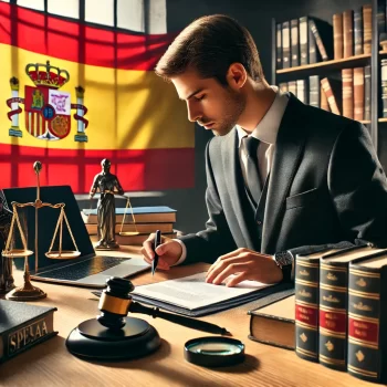 Een advocaat voert juridisch onderzoek uit in Spanje, terwijl hij documenten onderzoekt aan een bureau, met juridische boeken, een laptop en een Spaanse vlag op de achtergrond.