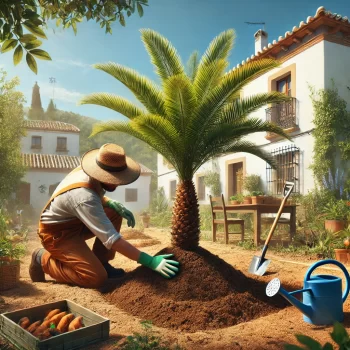 Iemand plant een palmboom in een zonnige Spaanse tuin met typisch Spaanse architectuur op de achtergrond.