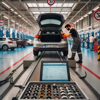 Een auto ondergaat een ITV-keuring(wat is apk in spanje) in een Spaans keuringsstation met een monteur die de verlichting controleert."