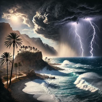 Een dramatische afbeelding van de Gota Fría over de mediterrane kust van de Costa Blanca met donkere wolken, zware regen, bliksem, hoge golven, en palmbomen die buigen in de wind.