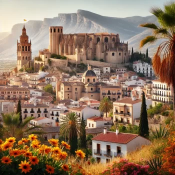 Een pittoreske weergave van Orihuela, Spanje, met de beroemde kathedraal, het Castillo de Orihuela op een heuvel, traditionele Spaanse architectuur, en een zonnige mediterrane sfeer.