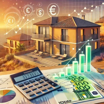 Afbeelding van een moderne Spaanse villa met uitzicht op zee, eurotekens en financiële grafieken die het rendement op vastgoedinvesteringen in Spanje vertegenwoordigen.