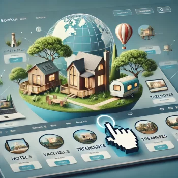 Modern website-interface met verschillende accommodatiemogelijkheden, zoals hotels, vakantiehuizen, en unieke verblijven, weergegeven op het Cozycozy-platform.