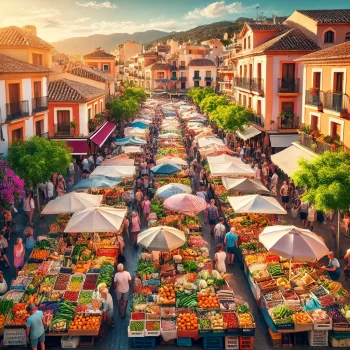 Drukke weekmarkten in Costa Blanca Noord met kleurrijke kraampjes vol vers fruit, groenten, bloemen en lokale ambachten. Spaanse gebouwen met terracotta daken en mediterrane bomen in de achtergrond.