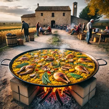 Traditioneel bereiden van paella in een landelijke omgeving in Valencia, Spanje, boven een open vuur.