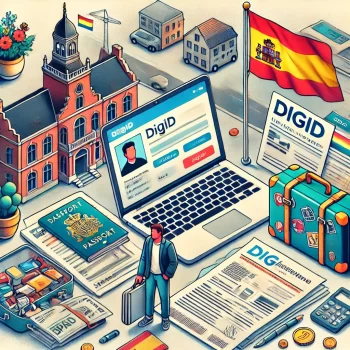 Persoon die zich voorbereidt op een verhuizing naar Spanje met documenten zoals paspoort, belastingformulieren en een laptop met DigiD, met op de achtergrond een Nederlands gemeentehuis en de Spaanse vlag.