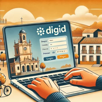 Persoon die een laptop gebruikt met DigiD-inlogscherm, met op de achtergrond een Spaans landschap en een gemeentehuis, wat het beheren van Nederlandse administratie vanuit Spanje symboliseert.