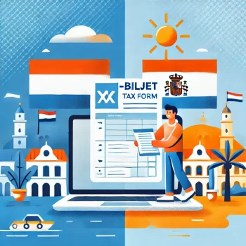 Persoon die belastingdocumenten invult met op de achtergrond een Nederlandse vlag en een zonnig Spaans landschap, wat het regelen van belastingzaken bij emigratie symboliseert.