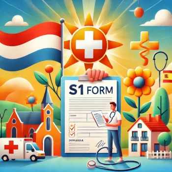 Zorgverzekering opzeggen of aanpassen: Persoon die zorgverzekeringsdocumenten beheert met een Nederlandse vlag aan de ene kant en een zonnig Spaans landschap aan de andere kant, inclusief het S1-formulier voor toegang tot Spaanse gezondheidszorg.