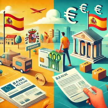 Persoon die bankdocumenten beheert voor emigratie naar Spanje, met symbolen van Nederlandse en Spaanse banken, en een overgang van een Nederlands naar een Spaans landschap op de achtergrond. Bankzaken regelen