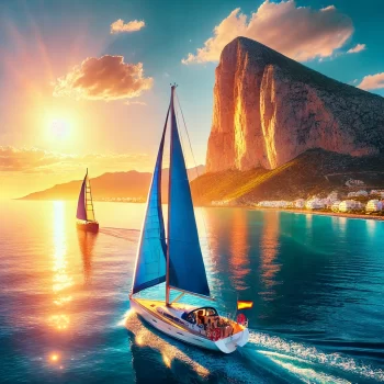 Zeilboot op de kalme wateren van de Costa Blanca met de Peñón de Ifach op de achtergrond, omgeven door een zonnige mediterrane kustlijn.