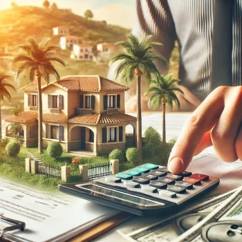 Afbeelding van een persoon die de kosten berekent voor het kopen van een huis in Spanje, met een rekenmachine, geld, en een contract in de voorgrond. Op de achtergrond is een mooie Spaanse villa met palmbomen en een zonnig landschap te zien.